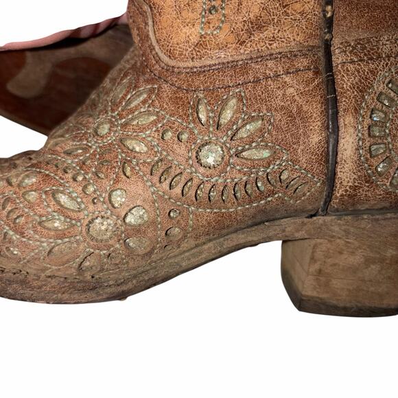 Corral Brown Leather Turquoise Glitter Inlay & Stitching Boots Snip Toe A3352 7M - Picture 5 of 16